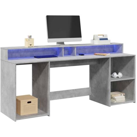 Escritorio con LED madera ingeniería gris hormigón 200x55x91 cm