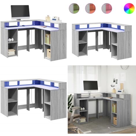 Escritorio con LED madera ingeniería gris sonoma 130x130x91cm - Escritorio de madera - Escritorio con compartimentos