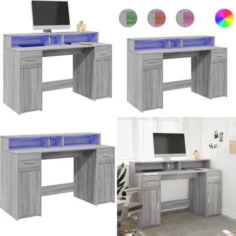 Escritorio con LED madera ingeniería gris sonoma 140x55x91 cm - Escritorio de madera - Escritorio con iluminación rgb