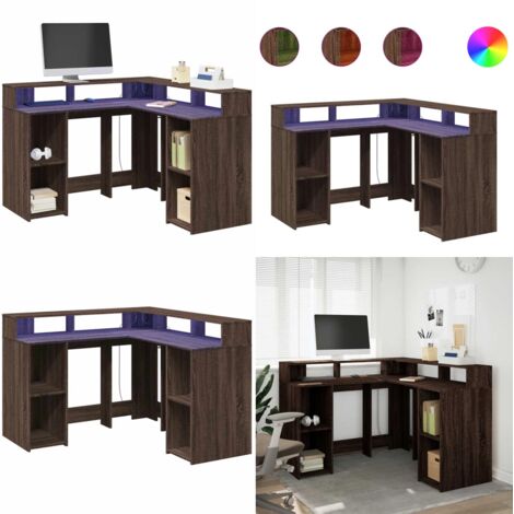 Escritorio con LED madera ingeniería marrón roble 130x130x91 cm - Madera de ingeniería - Almacenamiento organizado