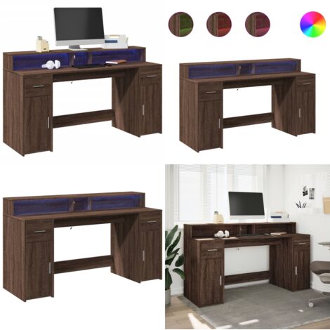 Escritorio con LED madera ingeniería marrón roble 160x55x91 cm - Madera de ingeniería - Escritorio con iluminación RGB