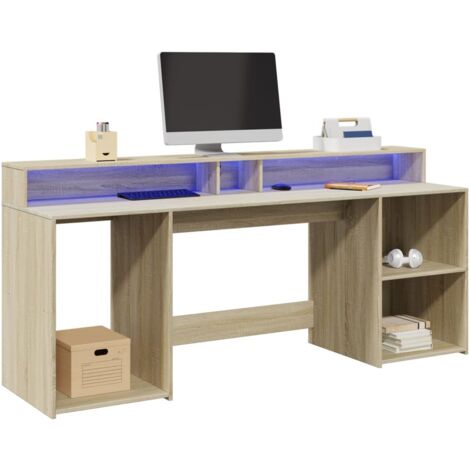 Escritorio con LED madera ingeniería roble 200x55x91 cm