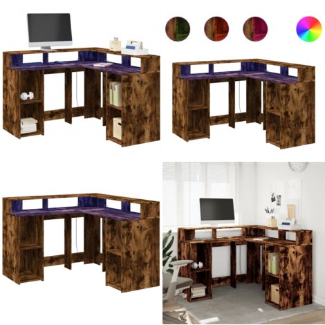 Escritorio con LED madera ingeniería roble ahumado 130x130x91cm - Madera de ingeniería - Escritorio con iluminación RGB