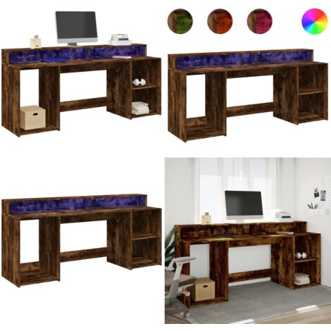 Escritorio con LED madera ingeniería roble ahumado 200x55x91 cm - Madera de ingeniería - Almacenamiento amplio