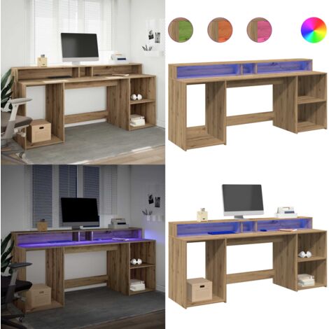 Escritorio con LED madera ingeniería roble artisian 200x55x91cm - Madera de ingeniería - Almacenamiento amplio