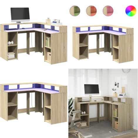 Escritorio con LED madera ingeniería roble Sonoma 130x130x91 cm - Madera de ingeniería - Escritorio con iluminación RGB