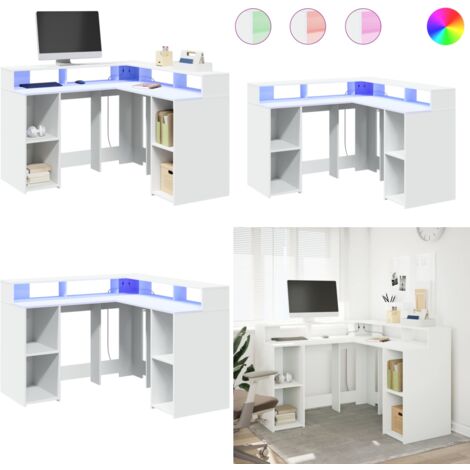 Escritorio con luz LED madera ingeniería blanco 130x130x91 cm - Madera de ingeniería - Almacenamiento organizado