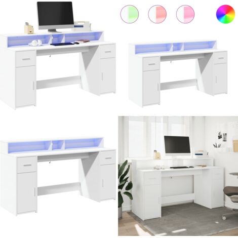 Escritorio con luz LED madera ingeniería blanco 160x55x91 cm - Madera de ingeniería - Escritorio con luz RGB