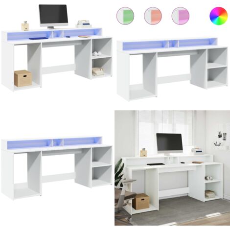 Escritorio con luz LED madera ingeniería blanco 200x55x91 cm - Madera de ingeniería - Almacenamiento amplio