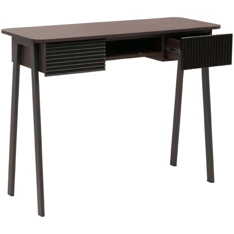Escritorio consola con 2 cajones y compartimento abierto frentes estructurados 88x110x40 cm MDF recubierto de melamina con acabado nogal y metal 040009202