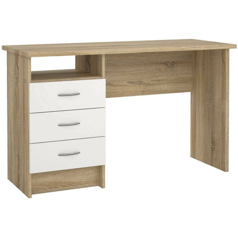 

Escritorio de 3 cajones con guías metálicas 120x72x48, Estructura en chapa laminada, Roble y Blanco