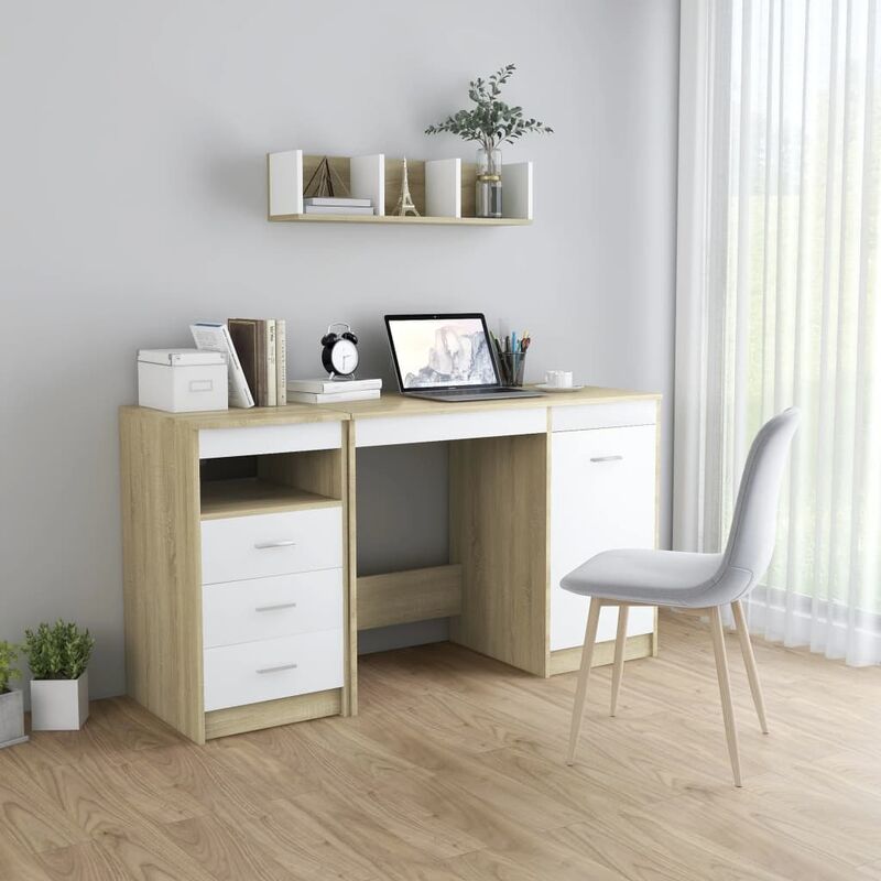 

Escritorio de aglomerado blanco y roble Sonoma 140x50x76 cm - Beige