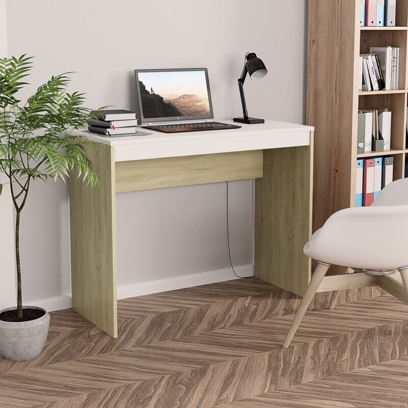 

Escritorio de aglomerado color blanco y roble Sonoma 90x40x72cm - Multicolor