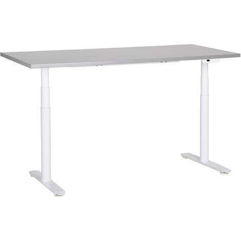 Escritorio de altura regulable eléctrico diseño moderno patas redondas 160 x 72 cm tablero gris soporte de acero blanco DESTINAS