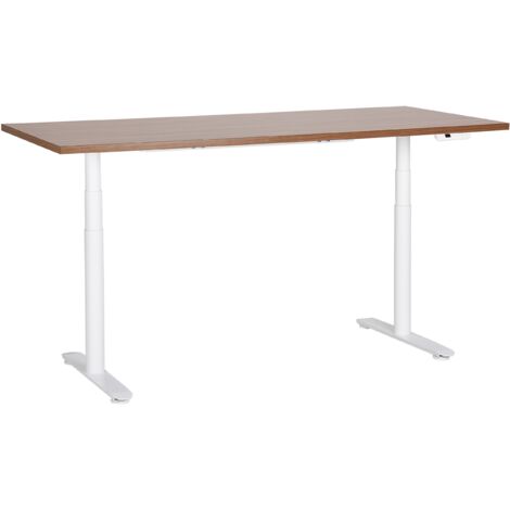 Escritorio de altura regulable eléctrico diseño moderno patas redondas 180 x 80 cm tablero madera oscura soporte de acero blanco DESTINAS