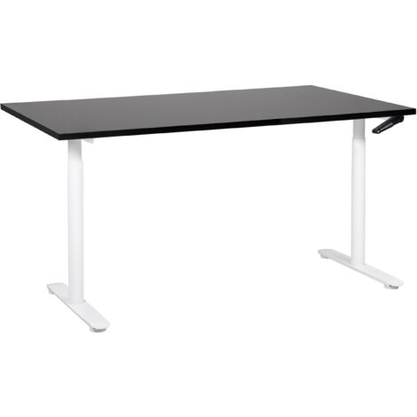 Escritorio de altura regulable manualmente oficina moderna patas redondas 160 x 72 cm tablero negro soporte de acero blanco DESTINAS