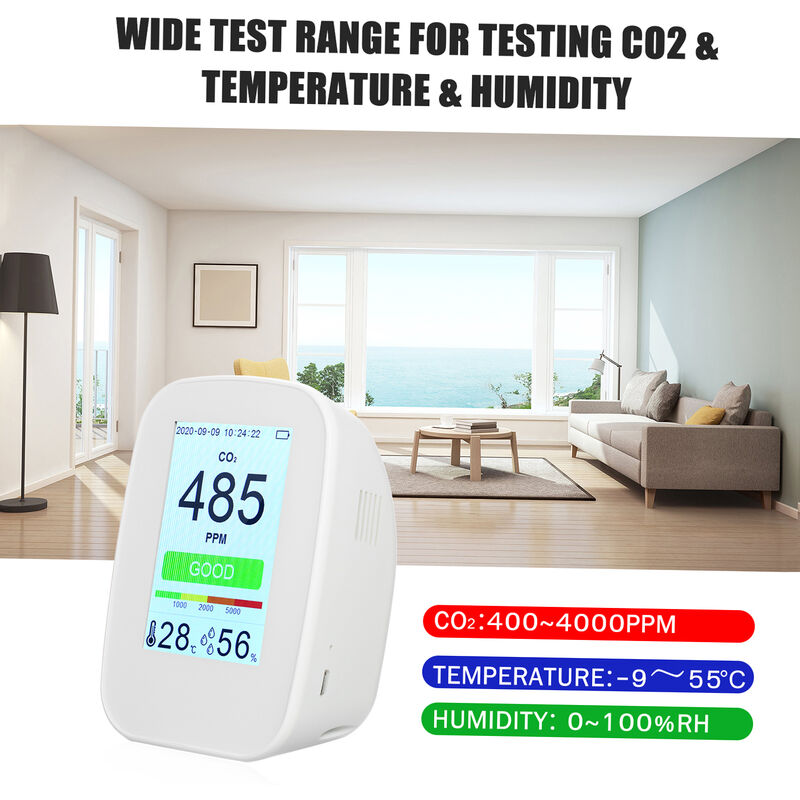 

Escritorio de CO2 / HR / temperatura. 3-en-1 de multiples funciones del detector de calidad de aire interior / exterior CO2 Medidor de humedad de la