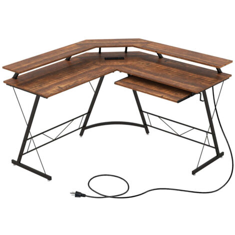 Escritorio de esquina 130 x 130 x 86 cm con regleta y tablero deslizante estilo moderno madera de ingeniería marrón 200010895