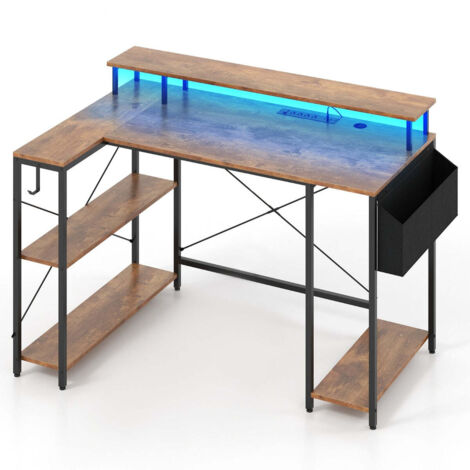 Escritorio de esquina de 120 x 80 x 87 cm con iluminación LED y prácticos enchufes diseño moderno en madera de ingeniería marrón rústica 200010889