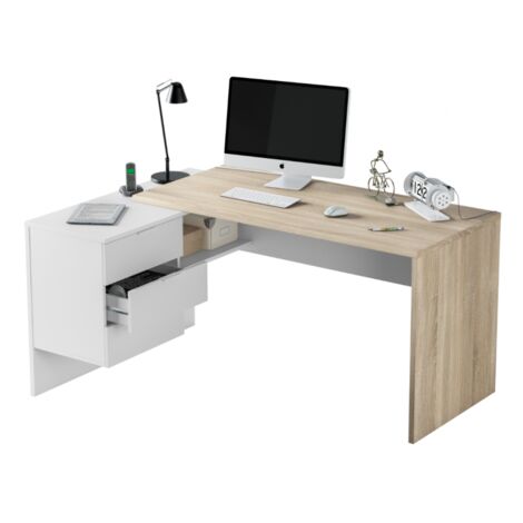 Escritorio de oficina 145x108x73h cm con 3 cajones y 1 estante blanco mate y roble canadiense – Zugo