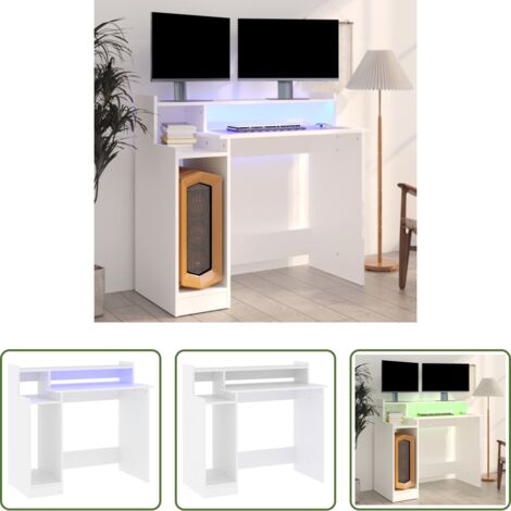 Escritorio de oficina -  Escritorio con luz LED madera contrachapada blanco 97x45x90 cm