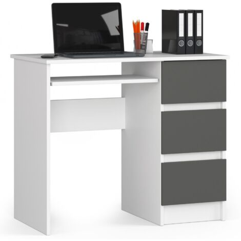 Escritorio de ordenador AKORD A6 Blanco 90 cm con lado derecho 3 cajones frente en color Grafito Gris 1 estante 90x50x77 cm