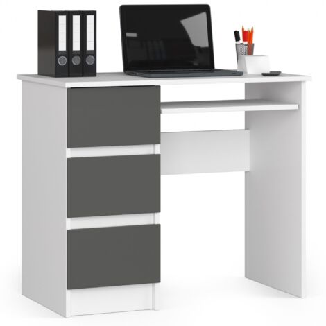 Escritorio de ordenador AKORD A6 Blanco 90 cm con lado izquierdo 3 cajones frente en color Grafito Gris 1 estante 90x50x77 cm