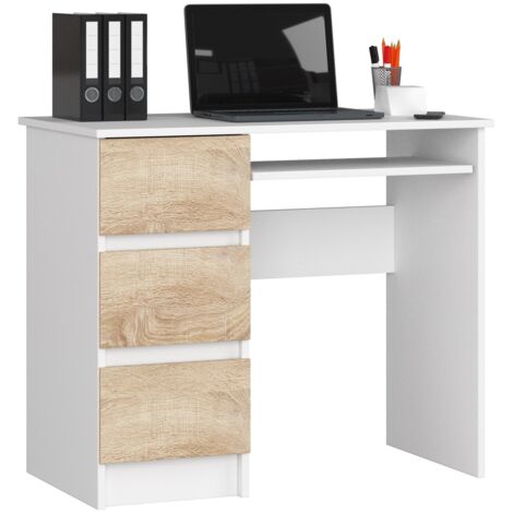 Escritorio de ordenador AKORD A6 Blanco 90 cm con lado izquierdo 3 cajones frente en color Roble Sonoma 1 estante 90x50x77 cm
