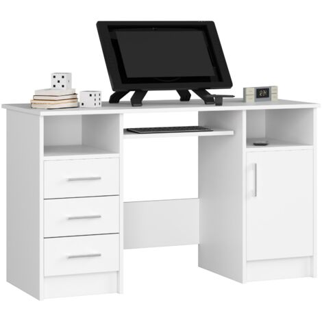 Escritorio de ordenador AKORD ANA Blanco 124 cm 1 puerta 3 cajones frente en color Blanco 5 estantes 124x52x74 cm
