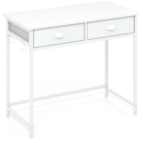 Escritorio de ordenador compacto 90 x 45 x 75 cm con 2 cajones de tela y ganchos para colgar de metal blanco 200010869
