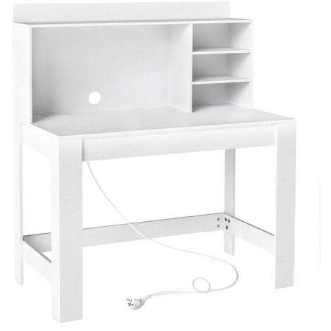 Escritorio de ordenador con estantería 108 x 60 x 75 cm con toma de corriente integrada y estantes modernos en MDF blanco 200015638