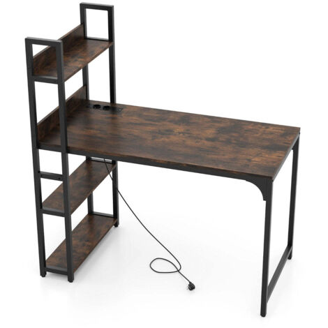 Escritorio de ordenador de 120 x 65 x 130 cm con regleta y librería de diseño moderno en metal rústico marrón y negro 200010862
