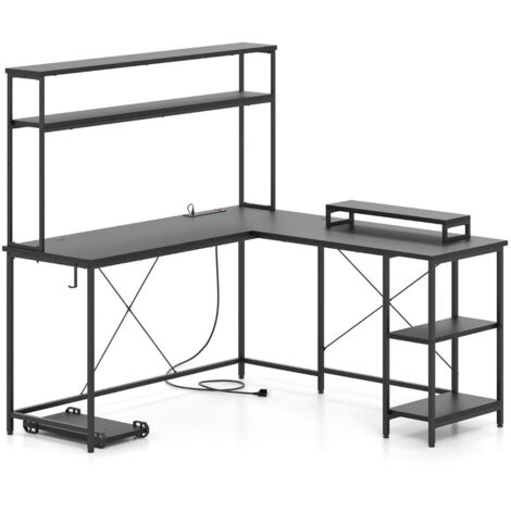 Escritorio de ordenador en forma de L 145 x 145 x 147 cm con tira LED y puertos USB espacio de trabajo moderno en MDF negro 200010877