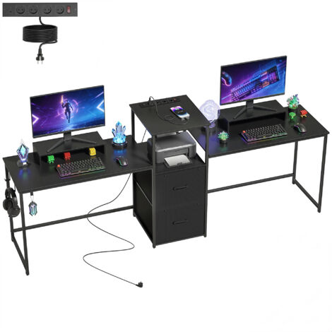 Escritorio doble para juegos de 244 cm con estación de carga, puertos USB, soportes para monitores y cajones de tela, color negro.