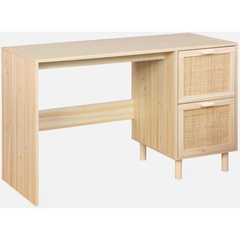 Escritorio efecto caña y madera con 2 cajones