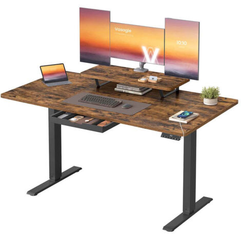 Escritorio eléctrico de altura regulable de 140 x 70 cm con brazo flexible para monitor cajón puerto USB-C y recordatorio de sedentarismo para teletrabajo marrón 120008039