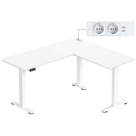 Escritorio eléctrico de altura regulable en forma de L mesa de esquina de 140 x 160 cm con regleta de enchufes y función de memoria 2 alturas para teletrabajo blanco 120004615