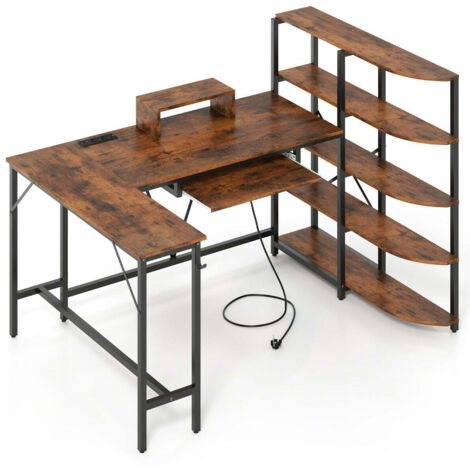 Escritorio en forma de L con estantería y estación de carga 160 x 108 x 1095 cm diseño ergonómico moderno madera de ingeniería marrón rústica 200010907