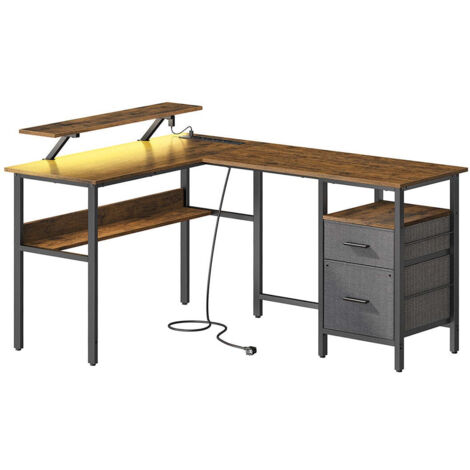 Escritorio en forma de L con regleta escritorio de esquina escritorio para computadora con elevador de pantalla escritorio para juegos LED 2 cajones 2 puertos USB fácil de montar para oficina marrón 1