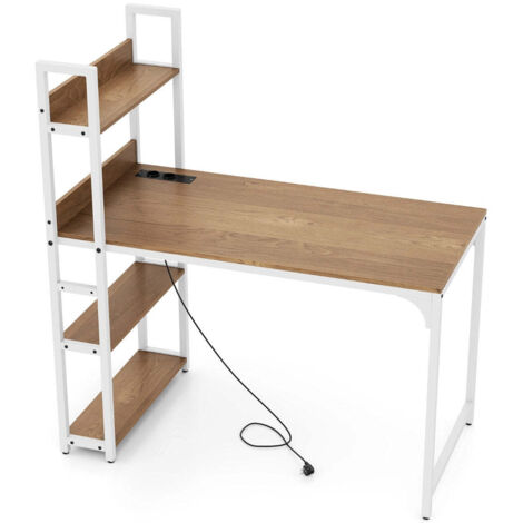 Escritorio ergonómico moderno para ordenador con alargador multitoma y estantería 120 x 65 x 130 cm fabricado en metal marrón y madera 200010863