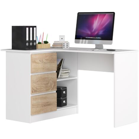 Escritorio esquinero AKORD B16 Blanco 124 cm con lado izquierdo 3 cajones frente en color Roble Sonoma 2 estantes 124x85x77 cm