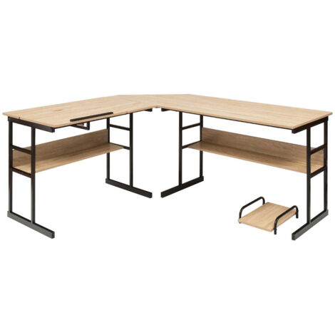 Escritorio esquinero en forma de L 170 x 150 x 75 cm regulable con 2 estantes abiertos diseño moderno en madera natural y metal 200010847