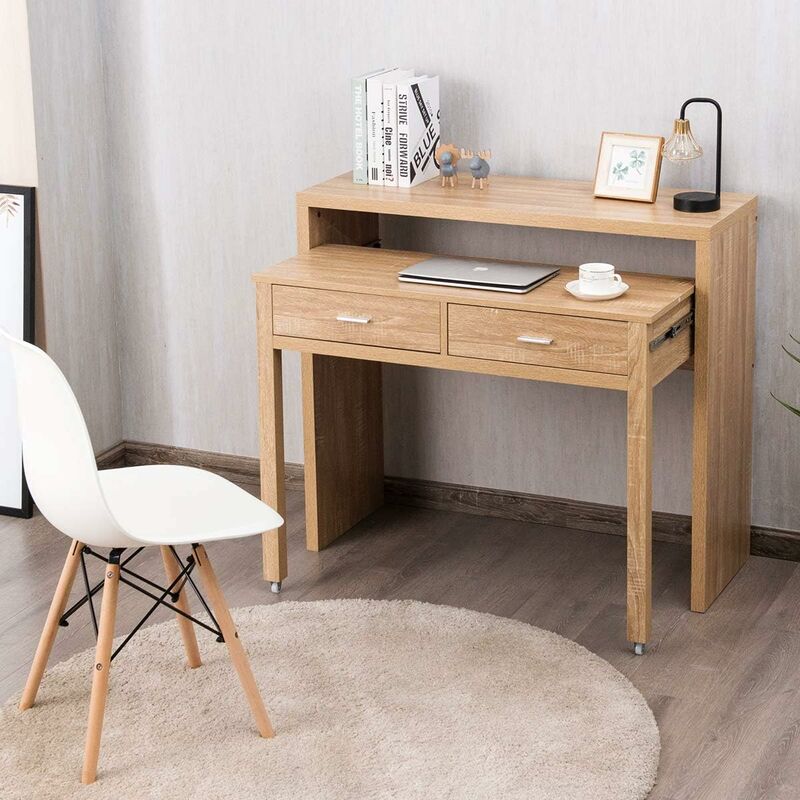 

COSTWAY Escritorio Extensible con 2 Cajones Mesa para Ordenador Mesa Consola de Madera