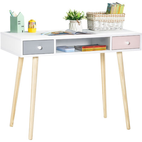 Escritorio infantil HOMCOM blanco gris rosa 100x48x76,5 cm con cajón y almacenaje escandinavo
