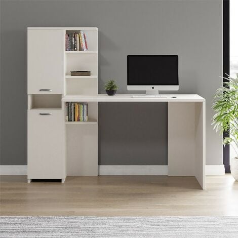 Escritorio Lotus - Muebles, ahorra espacio - Mesa, soporte para PC, estación de juegos - Puertas, estantes, Estantería integrada - Dormitorio, salón, sala de estar, oficina - Blanco en Tablero de aglo