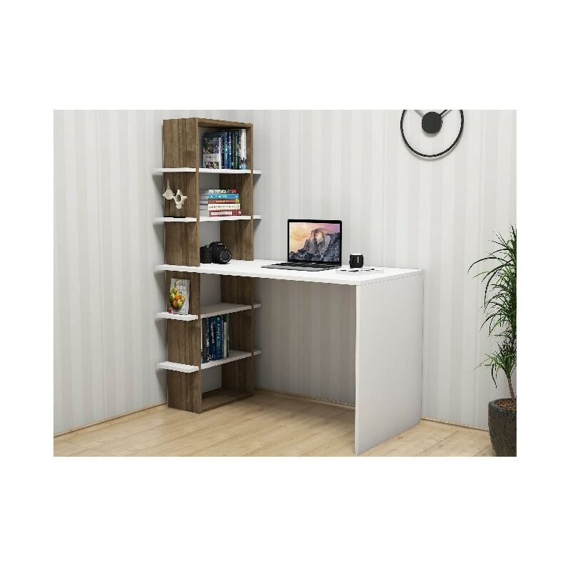 

Homemania - Escritorio Madelon con Libreria, Compartimientos - para Estudio, Dormitorio - Nogal, Blanco en Madera, 120 x 60 x 151,8 cm