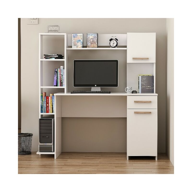 

Homemania - Escritorio Merry con Libreria - con Compartimientos, Cajon, Puerta - para Estudio, Dormitorio - Blanco, Nogal en Madera, 144 x 60 x 151 cm