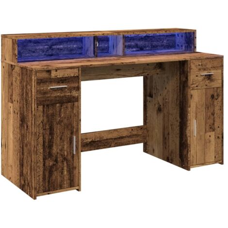 Escritorio mesa estación de trabajo muebles de computadora estudio de computadora con luces LED madera vieja madera contrachapada marrón 020023435