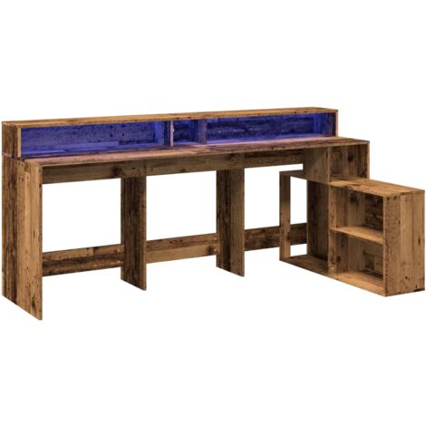 Escritorio mesa estación de trabajo muebles de computadora estudio de computadora con luces LED madera vieja madera contrachapada marrón 020023438