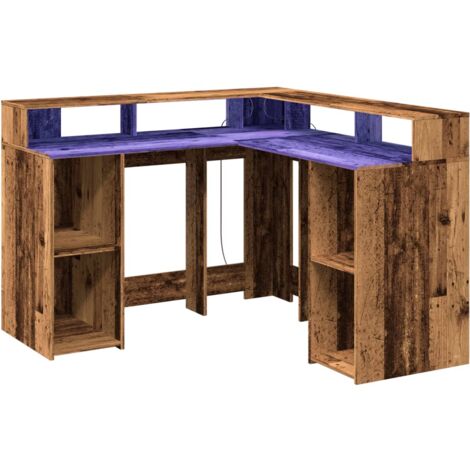 Escritorio mesa estación de trabajo muebles de computadora estudio de computadora con luces LED madera vieja madera contrachapada marrón 020023439